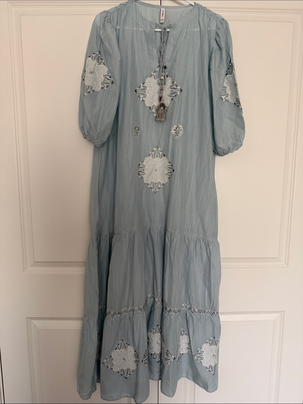 NWOT ETHNC Light Blue Embroidered Maxi Dress with Tassel Tie